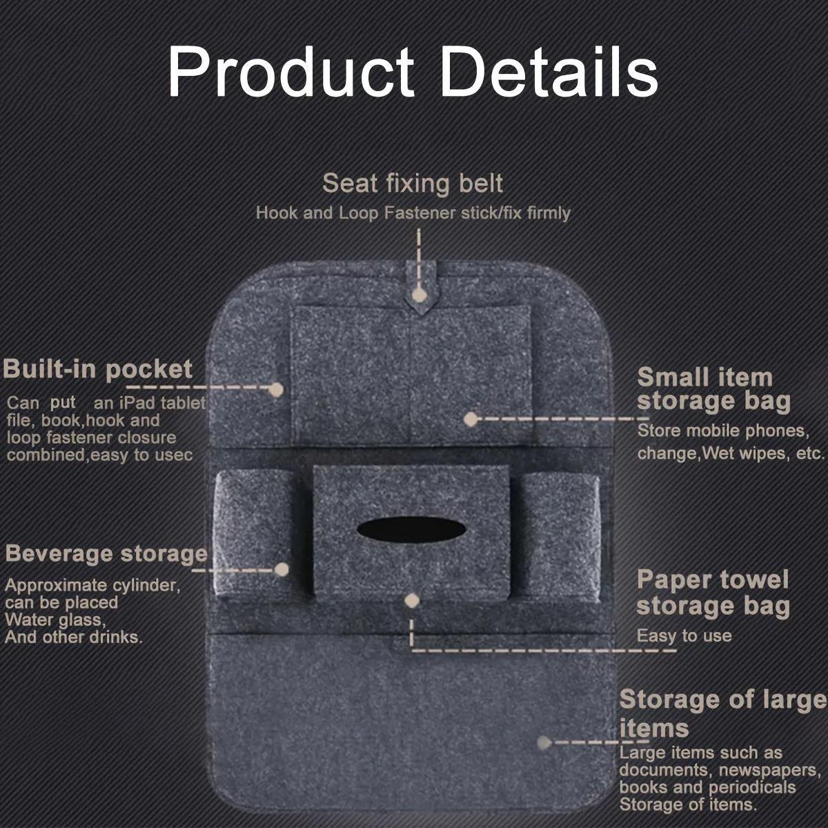 1pc Felt Car Seat Storage Bag  Backrest Mounted Organizer