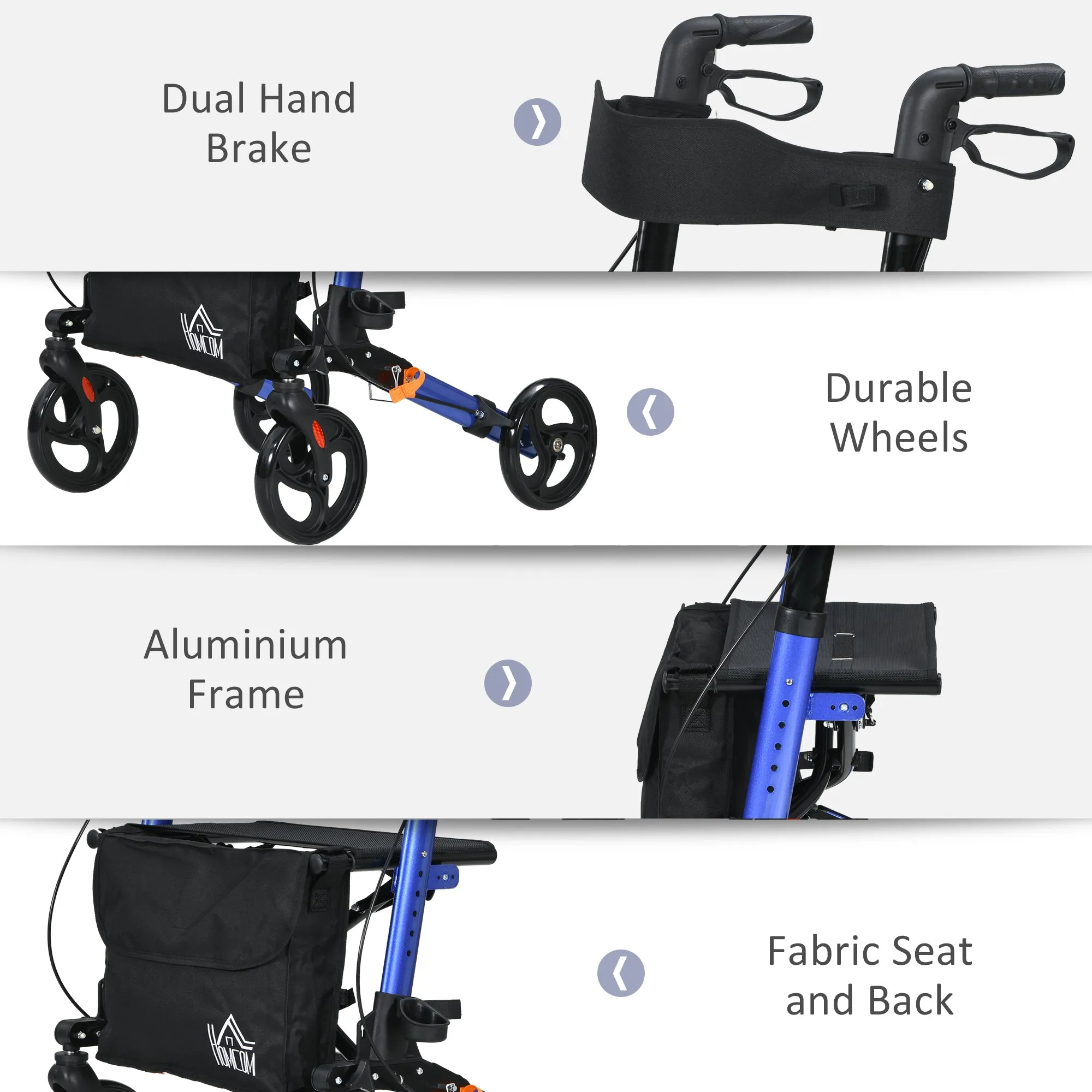 4 Wheel Rollator with Seat and Back, Folding Mobility Walker, Adjustable Height, Dual Brakes, Cane Holder, Lightweight Aluminium