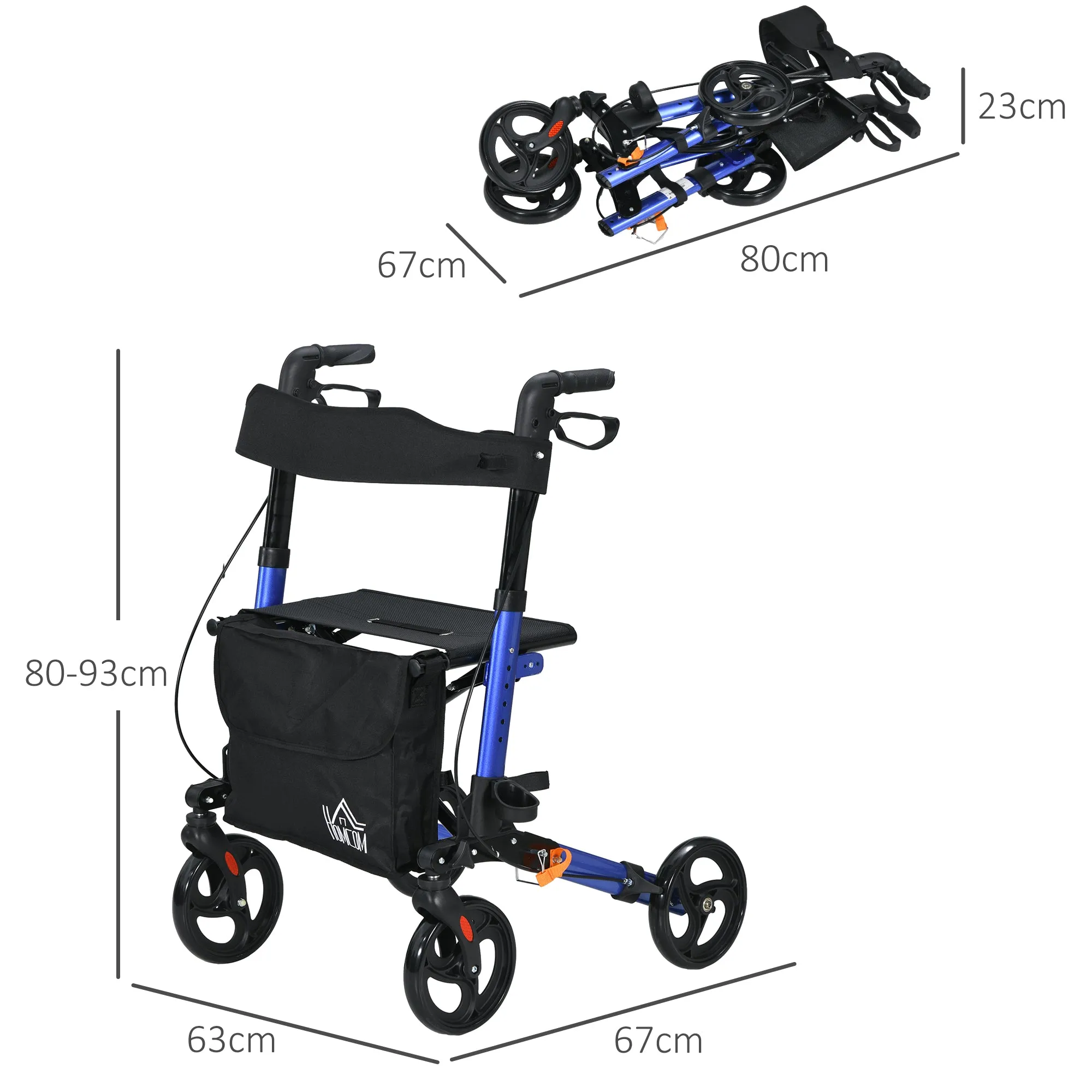 4 Wheel Rollator with Seat and Back, Folding Mobility Walker, Adjustable Height, Dual Brakes, Cane Holder, Lightweight Aluminium