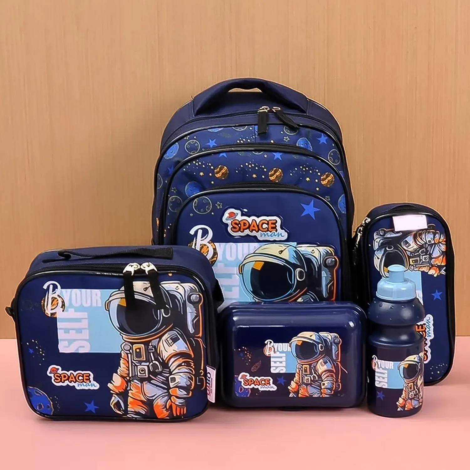 5 in 1 School Bag Includes lunch bag, 14 inch School Bags, water bottle & pencil case in box packing (1 Set / Mix Color))