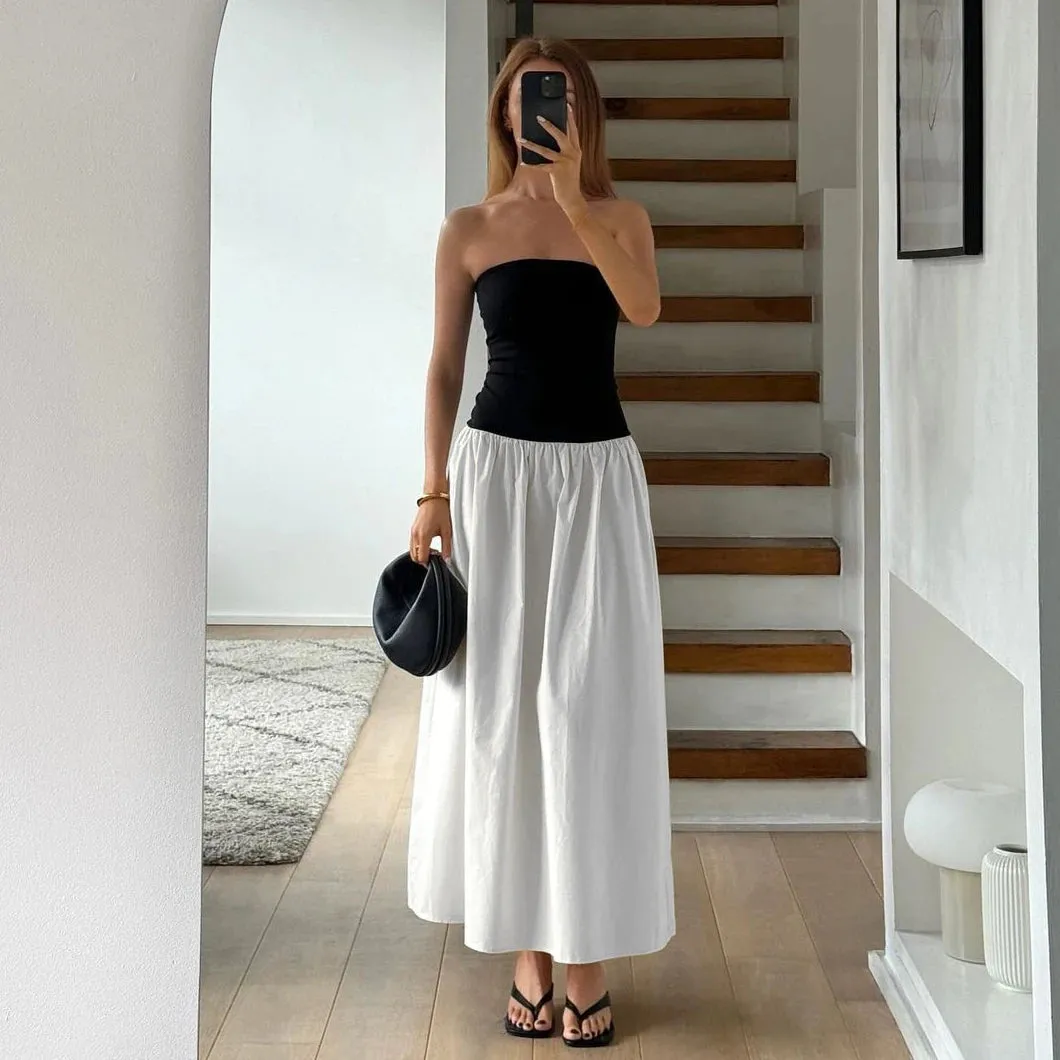 A&A Monochrome Summer Strapless Maxi Dress