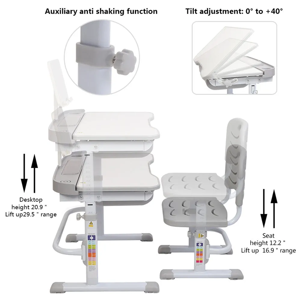 AMYOVE 70cm Kids Desk Chair Set Height Adjustable Children Study Desk Gray