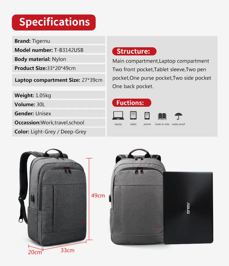 Anti-Theft With USB Charging Backpack For 15.6inch Laptop  - Black grey,Grey