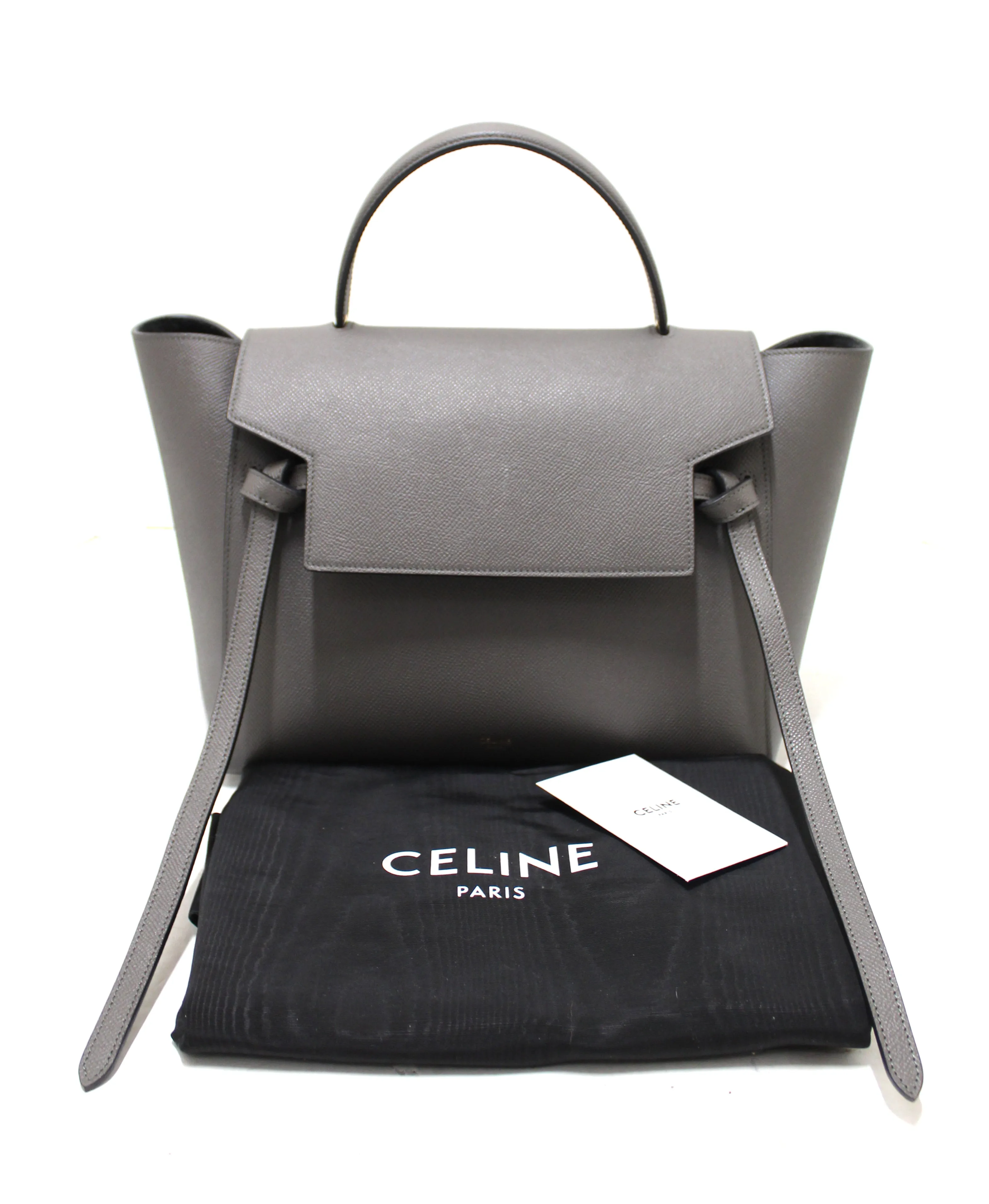 Authentic Celine Grey Grained Calfskin Leather Mini Belt Shoulder Bag