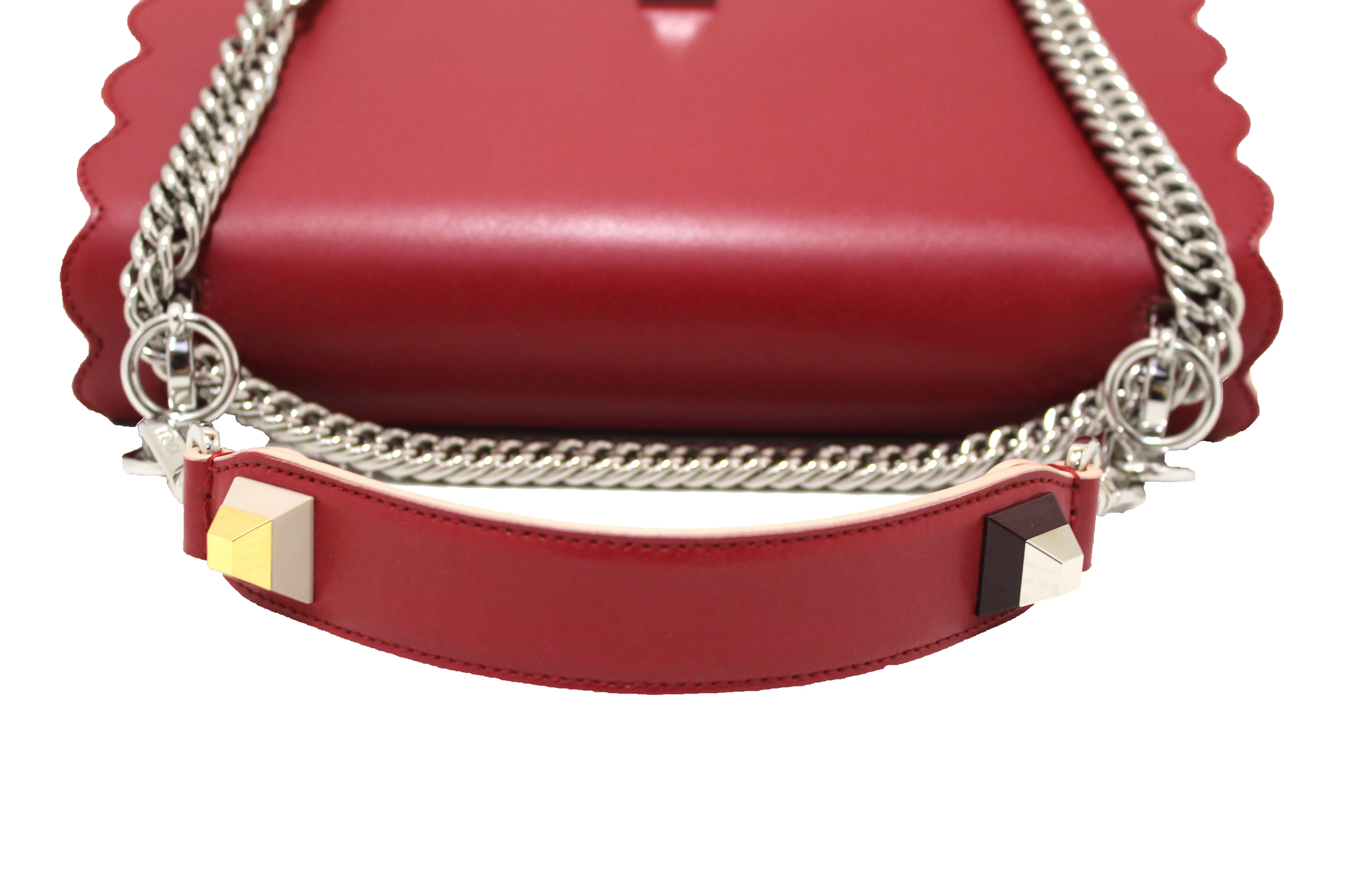 Authentic Fendi Red Scallop Leather Mini I Kan Chain Shoulder Bag