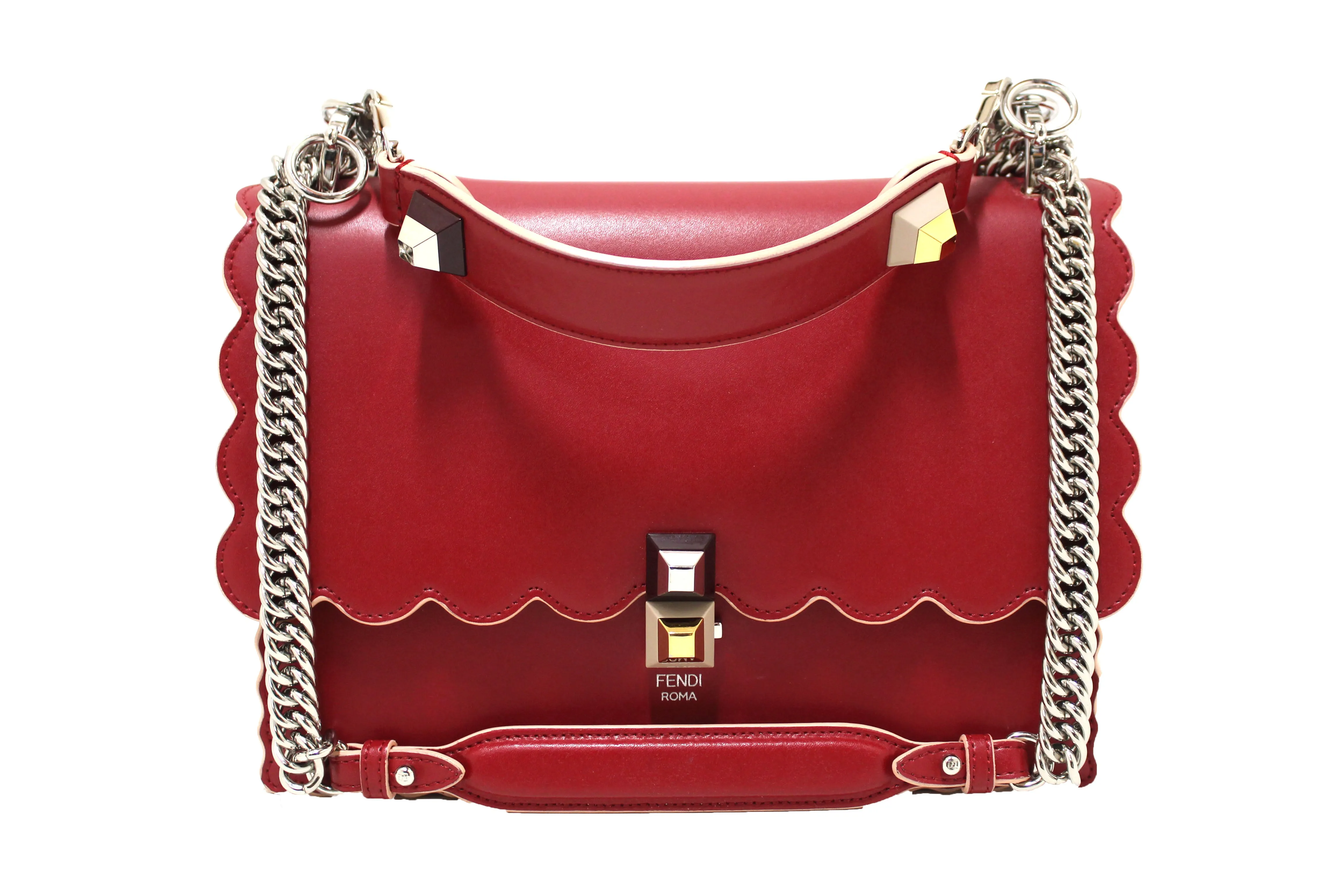 Authentic Fendi Red Scallop Leather Mini I Kan Chain Shoulder Bag