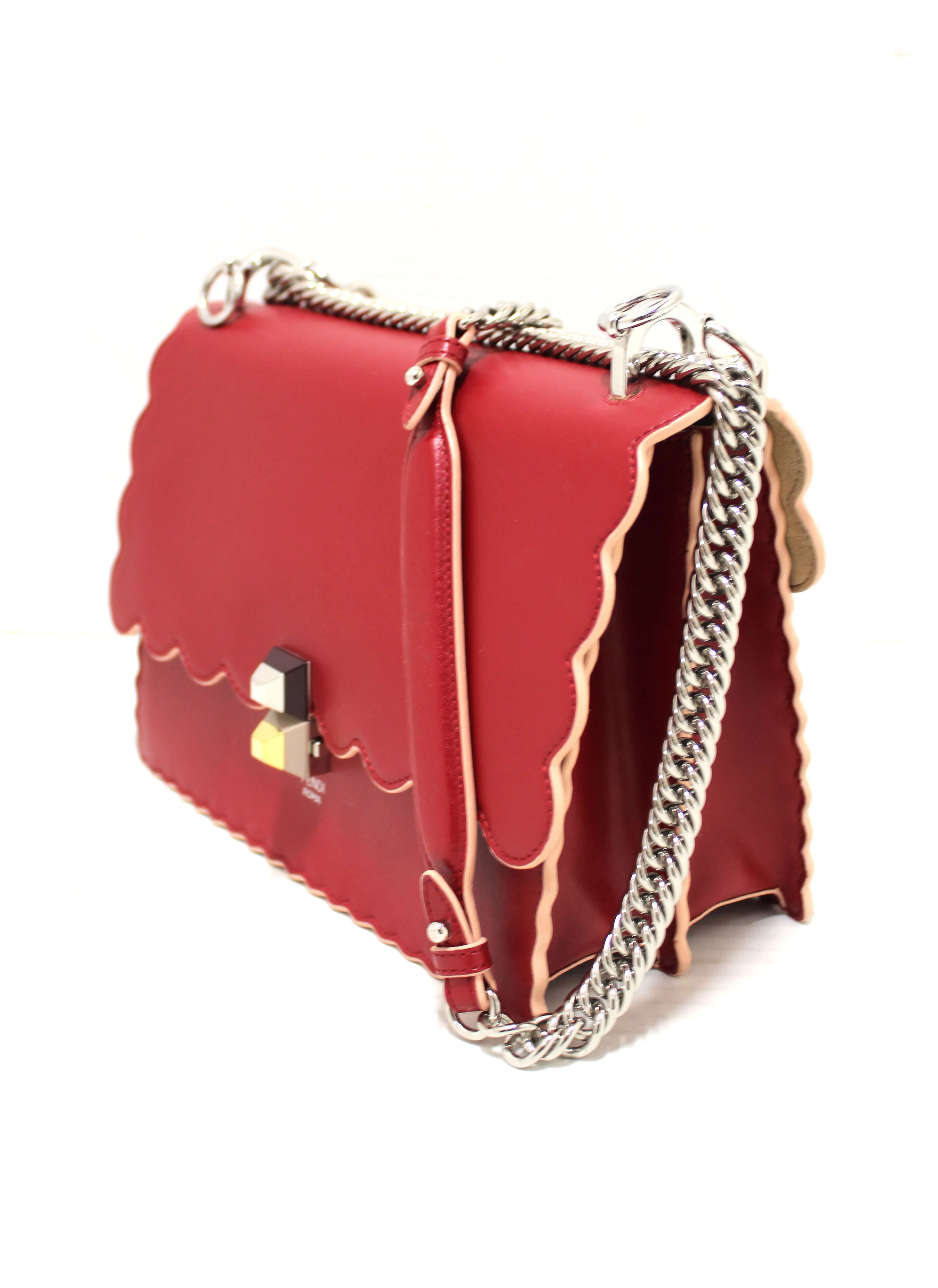 Authentic Fendi Red Scallop Leather Mini I Kan Chain Shoulder Bag