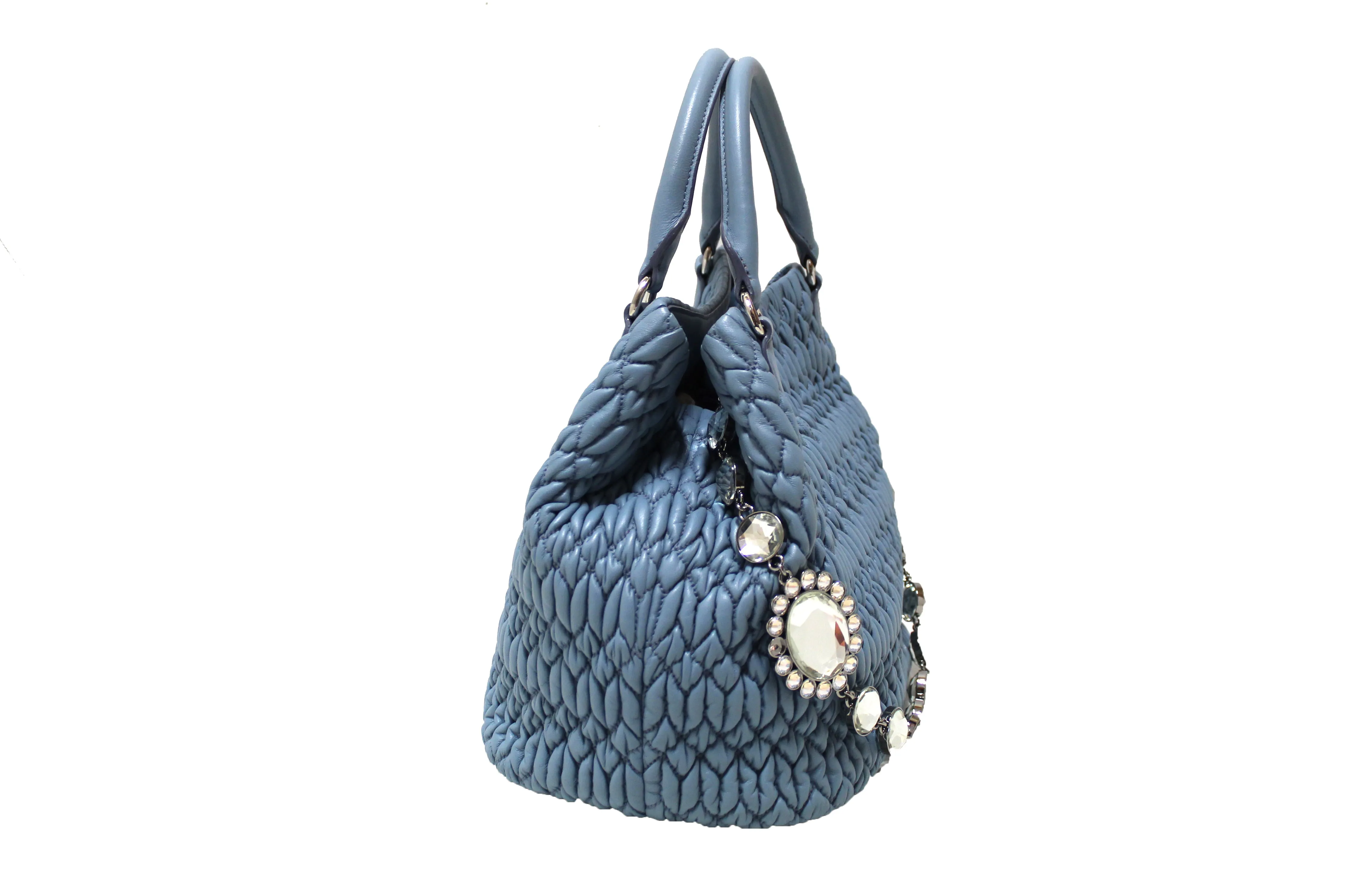 Authentic Miu Miu Crystal Blue Cloqué Nappa Leather Handbag