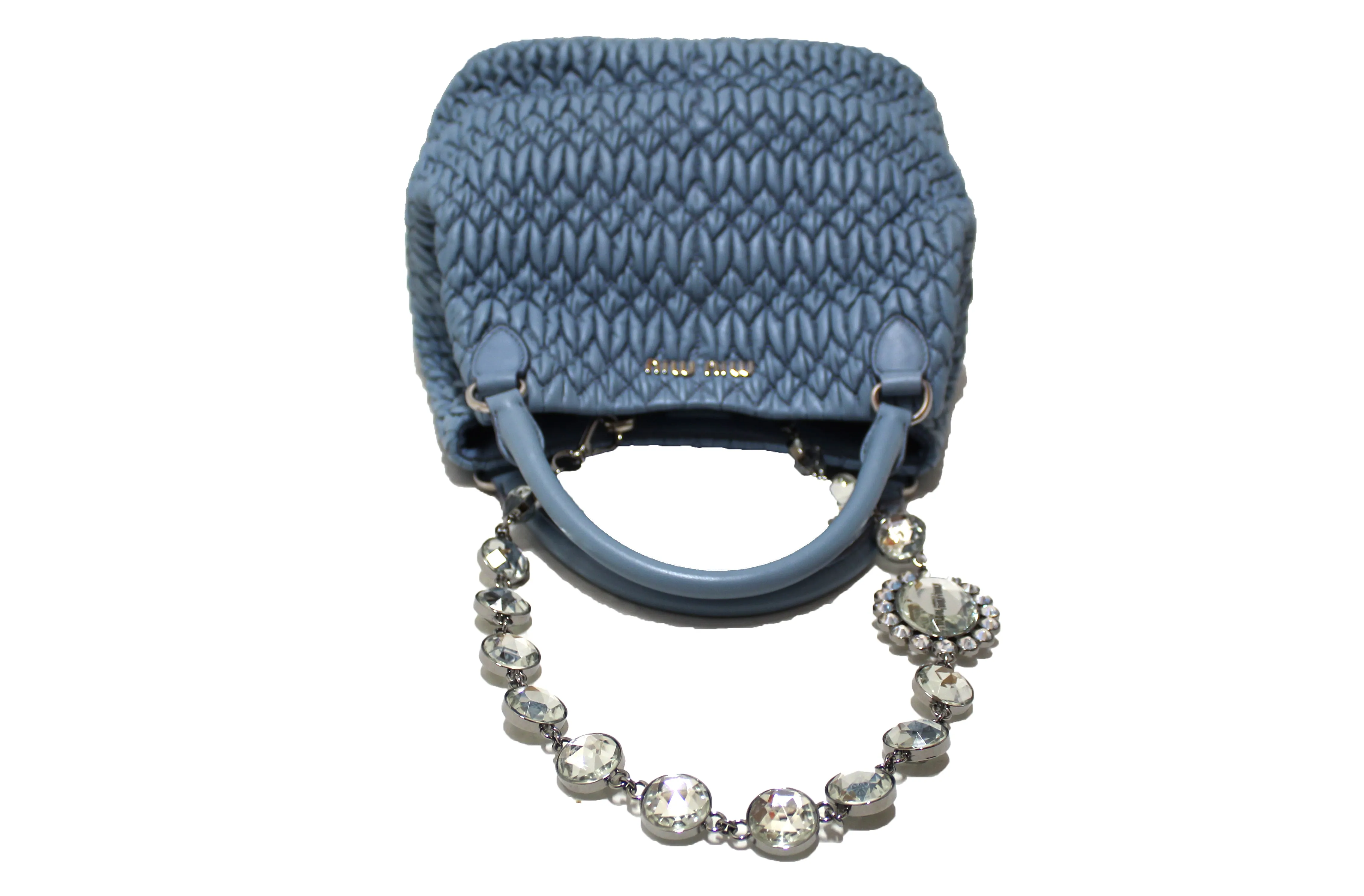 Authentic Miu Miu Crystal Blue Cloqué Nappa Leather Handbag