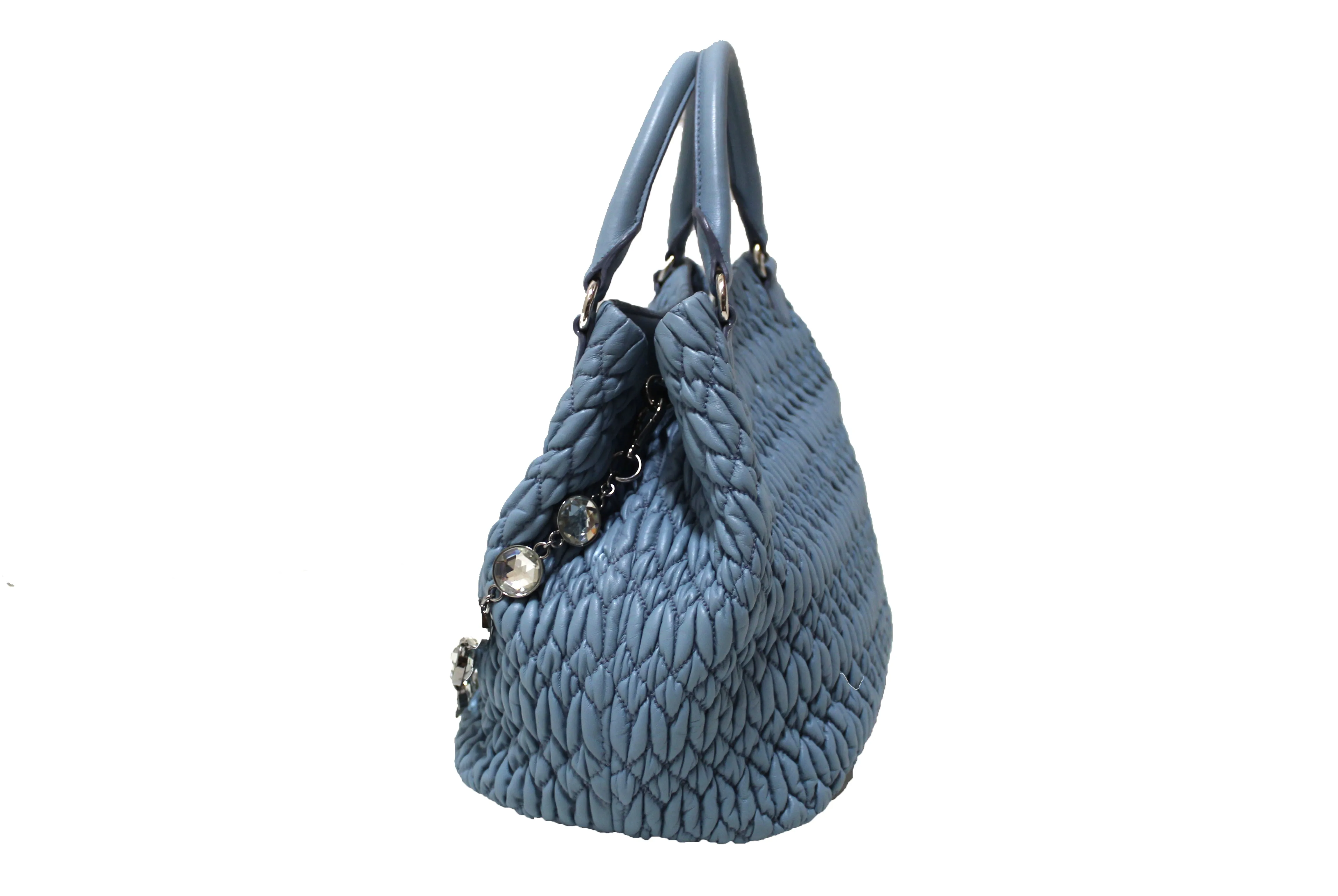 Authentic Miu Miu Crystal Blue Cloqué Nappa Leather Handbag