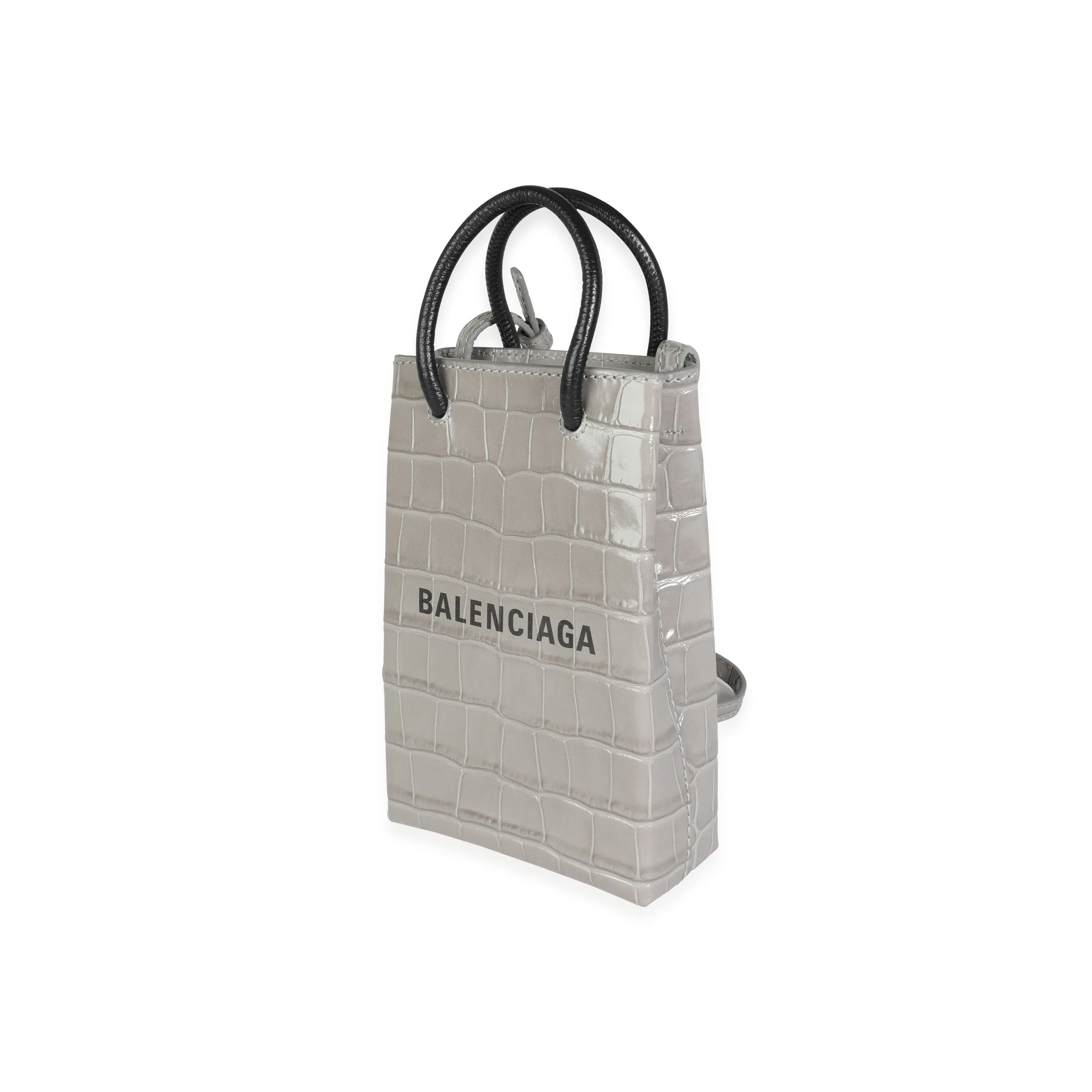 Balenciaga Steel Grey Crocodile Embossed Calfskin Shopping Phone Holder Tote