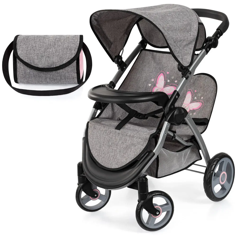 Bayer Design Twin Star Doll Stroller, Adjustable Handle, Grey & Pink Butterfly, Ages 3 