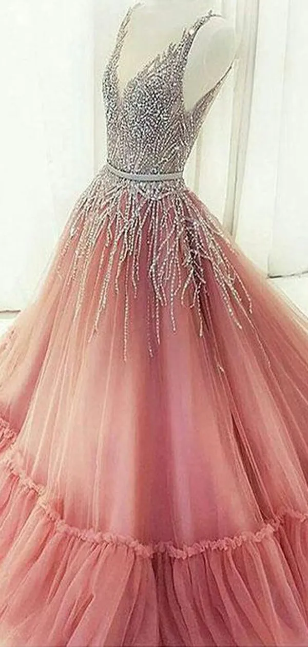 Beaded Rhinestones V Neck Aline Gorgeous Fashion Formal Elegant Prom Dresses, TYP1399