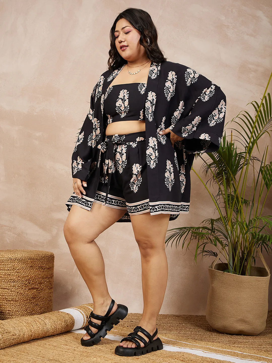 Berrylush Women Plus Size Black & White Paisley Printed Square Neck Crop Top & Tie-Up Front Shorts Co-Ord Set With Shrug