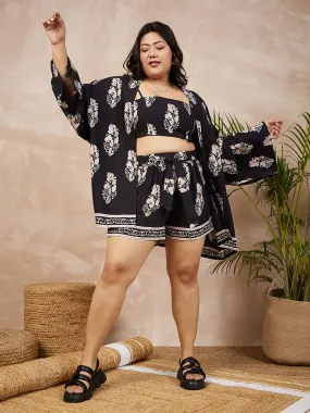 Berrylush Women Plus Size Black & White Paisley Printed Square Neck Crop Top & Tie-Up Front Shorts Co-Ord Set With Shrug