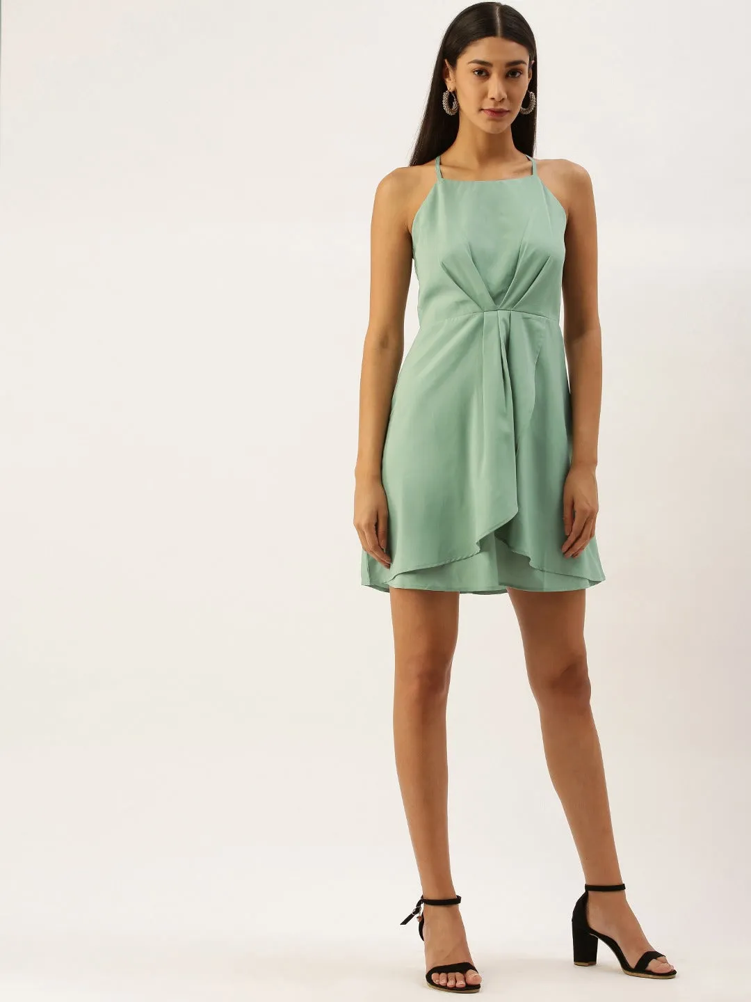 Berrylush Women Solid Teal Green Halter Neck Mini Dress