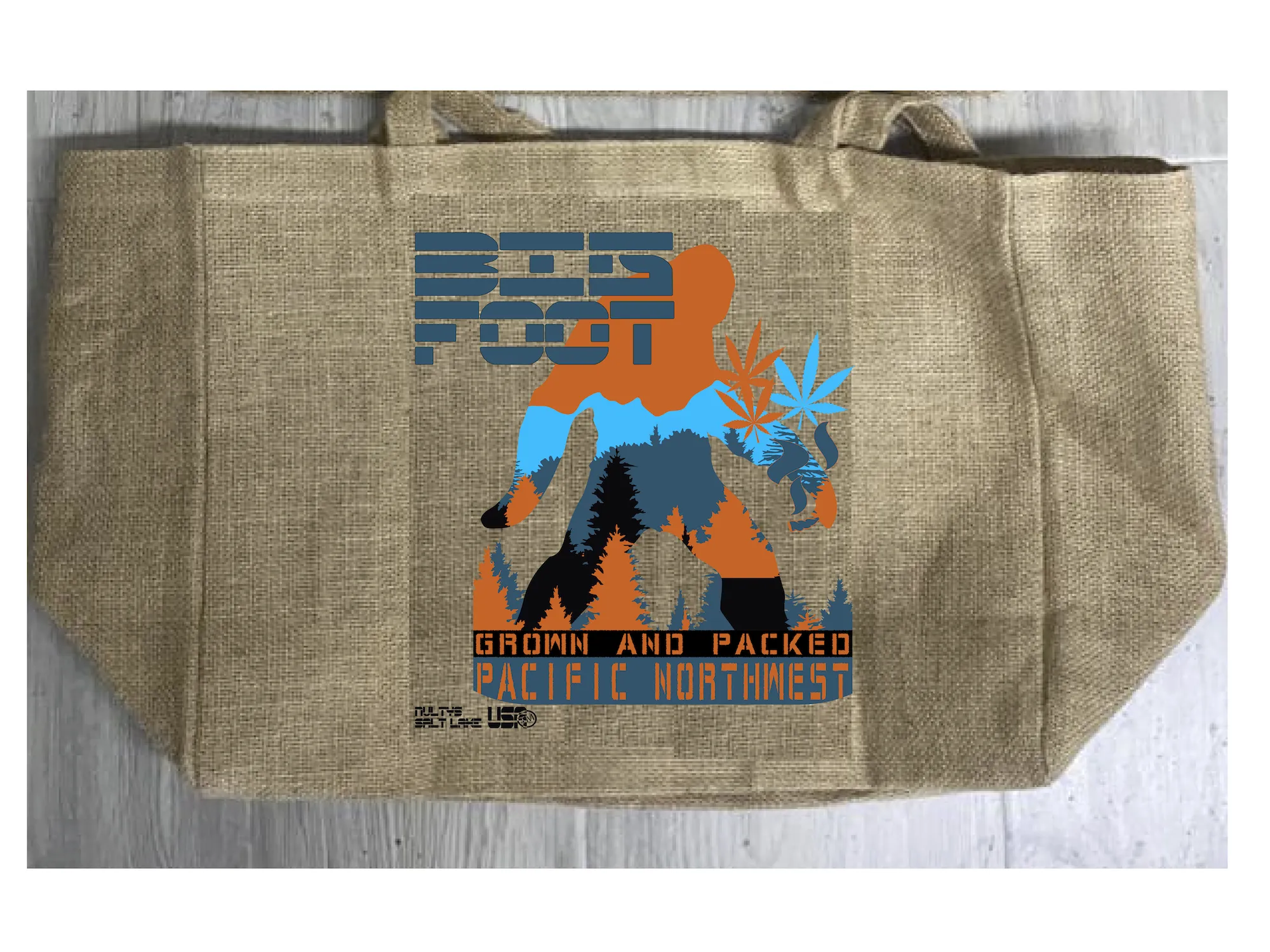 BIGFOOT MARIJUANA BURLAP TOTE BAG