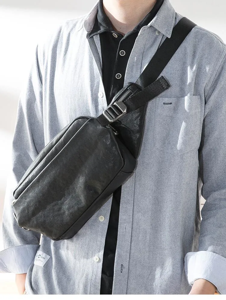 Black Casual Leather Mens 8inches Sling Bag Chest Bag Black One Shoulder Backpack for Men