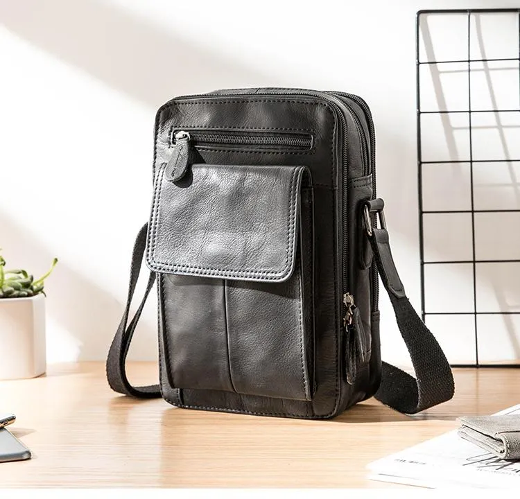 Black Casual Leather Mens Vertical Side Bag Black Messenger Bags Postman Bag Courier Bag for Men