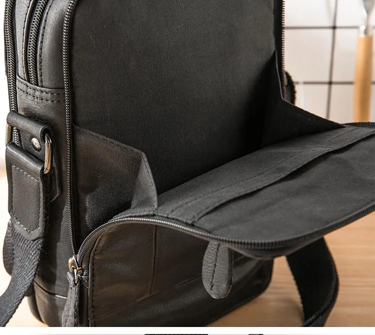 Black Casual Leather Mens Vertical Side Bag Black Messenger Bags Postman Bag Courier Bag for Men