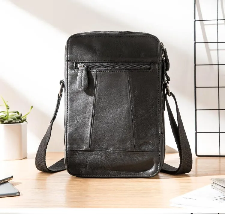 Black Casual Leather Mens Vertical Side Bag Black Messenger Bags Postman Bag Courier Bag for Men