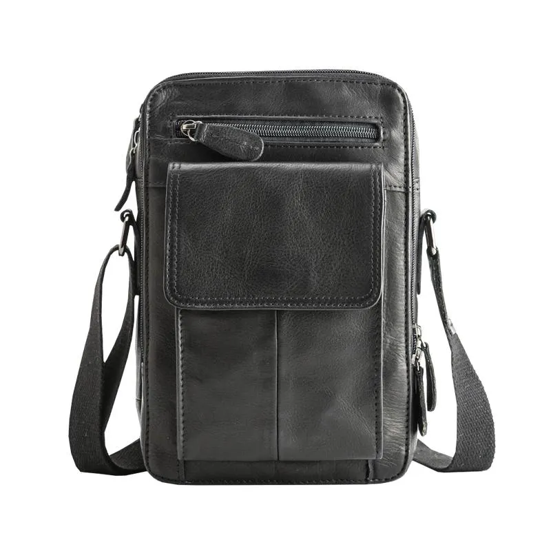 Black Casual Leather Mens Vertical Side Bag Black Messenger Bags Postman Bag Courier Bag for Men