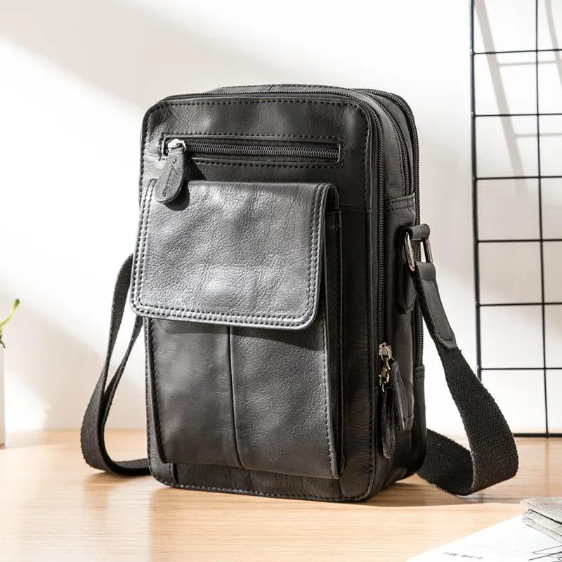 Black Casual Leather Mens Vertical Side Bag Black Messenger Bags Postman Bag Courier Bag for Men