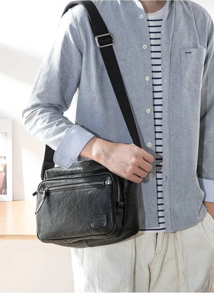 Black Cool Leather Mens 10 inches Courier Bag Postman Bag Black Messenger Bags Side Bag for Men