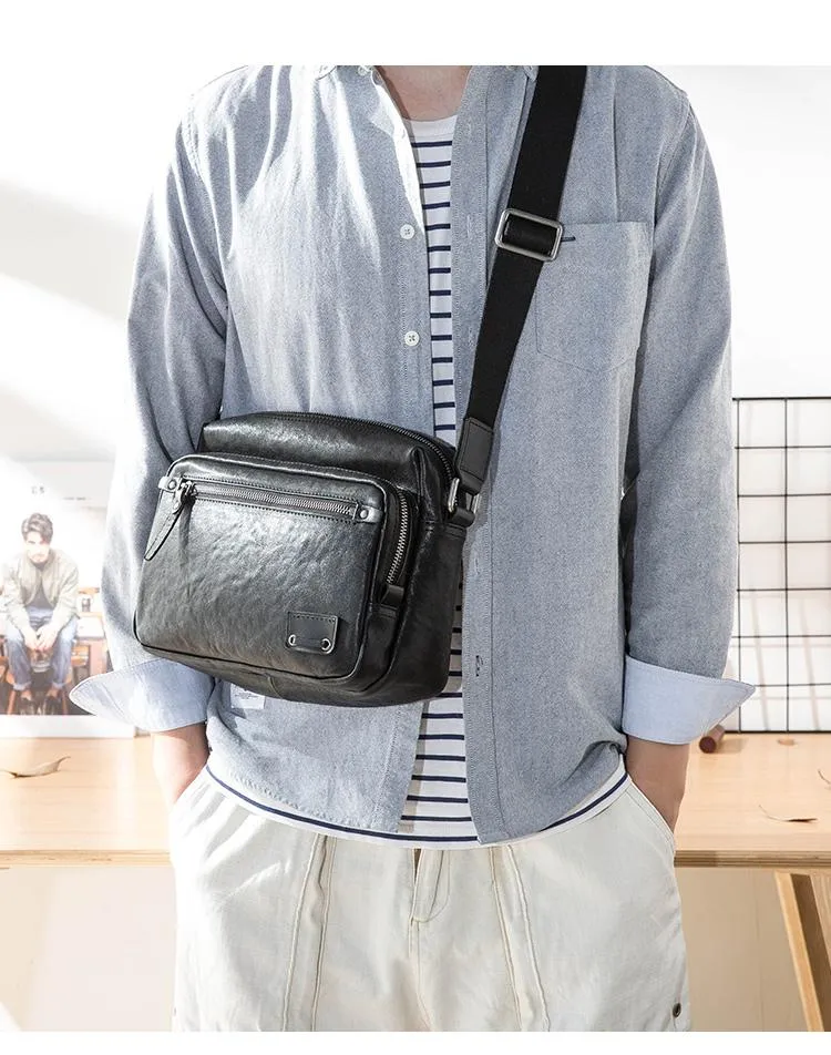 Black Cool Leather Mens 10 inches Courier Bag Postman Bag Black Messenger Bags Side Bag for Men