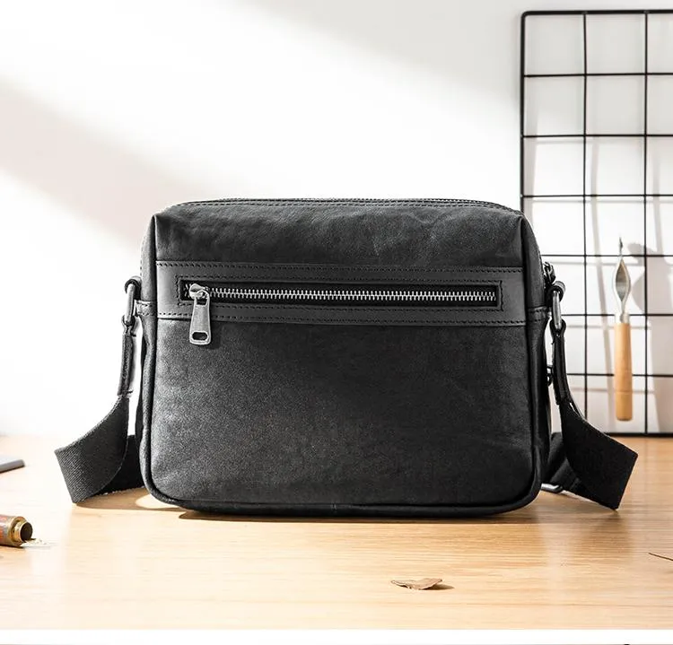 Black Cool Leather Mens 10 inches Courier Bag Postman Bag Black Messenger Bags Side Bag for Men