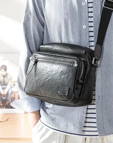 Black Cool Leather Mens 10 inches Courier Bag Postman Bag Black Messenger Bags Side Bag for Men