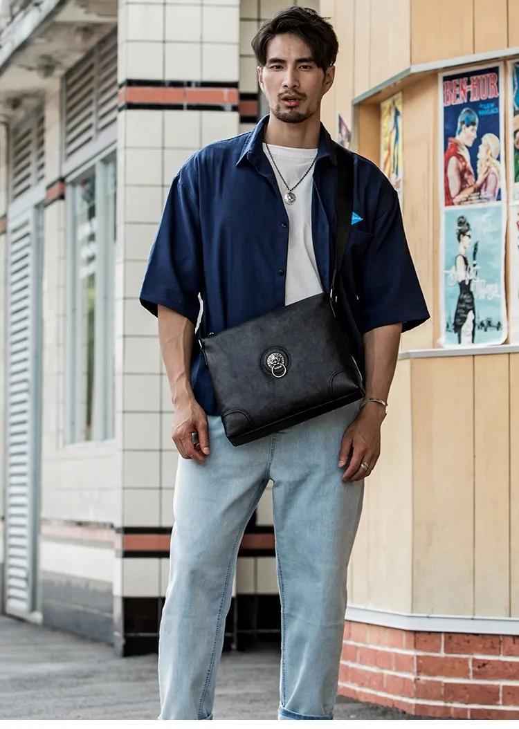 Black Cool Leather Mens 10 inches Vertical Courier Bag Postman Bag Black Cross Messenger Bags Side Bag for Men