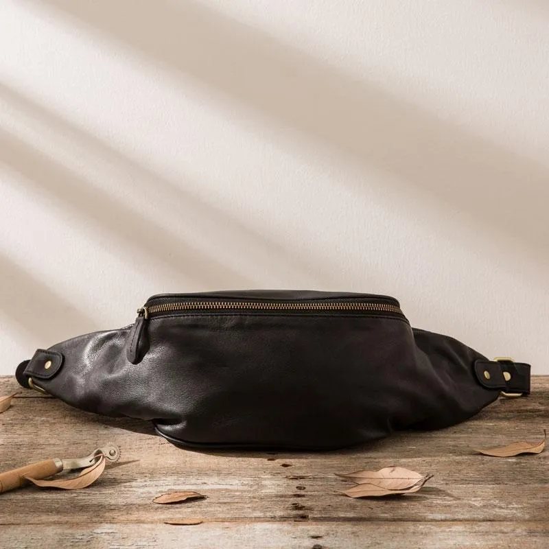 Black Leather Fanny Packs Mens Waist Bag Hip Pack Belt Bag for Men