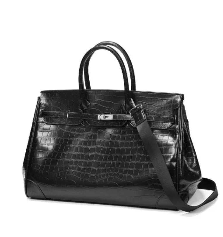 Black Platinum birkin inspired croc pattern overnight weekend tote high street travel weekender bag