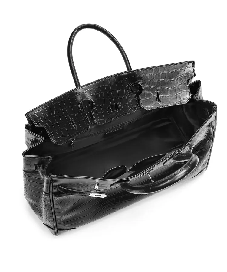 Black Platinum birkin inspired croc pattern overnight weekend tote high street travel weekender bag