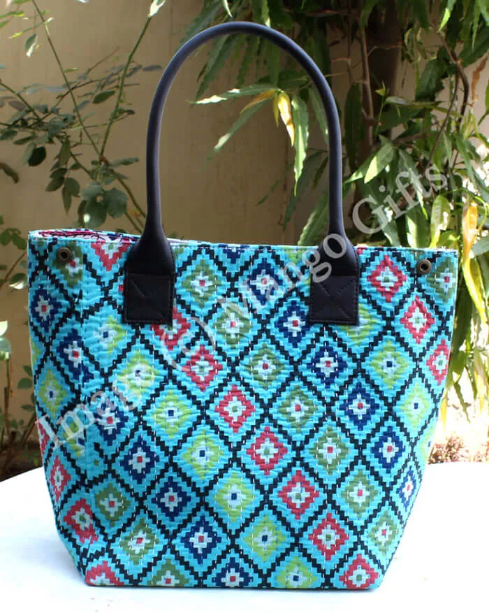 Blue Geometric Tota/Tote Bag Hand Stitch Shopping Bag