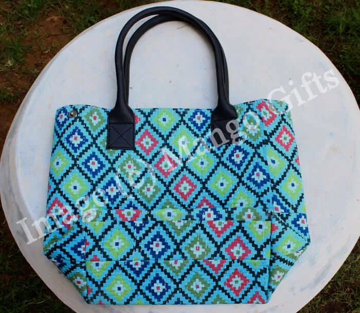 Blue Geometric Tota/Tote Bag Hand Stitch Shopping Bag