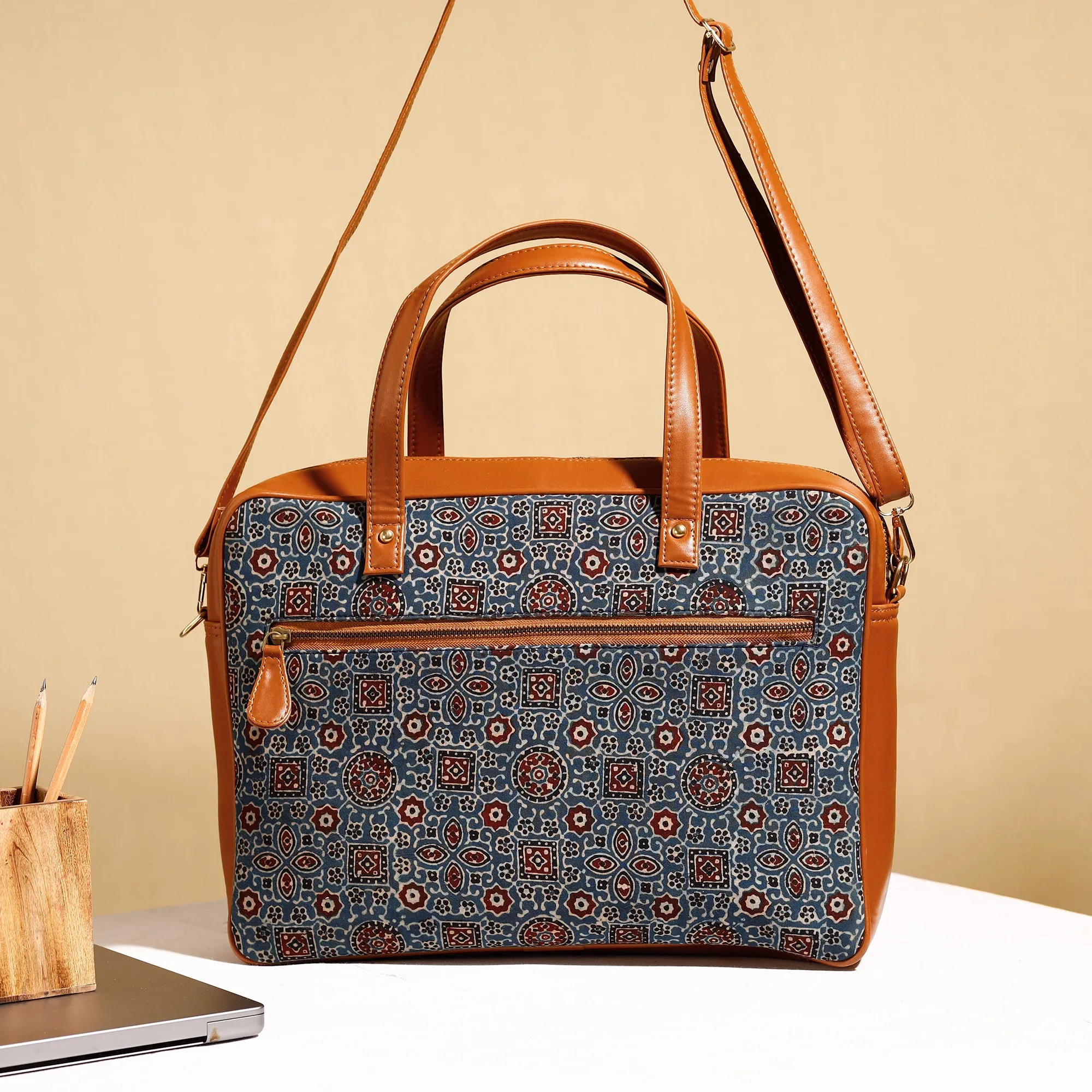 Blue - Handcrafted Ajrakh Block Printed Cotton Laptop Bag (15 x 13 in)