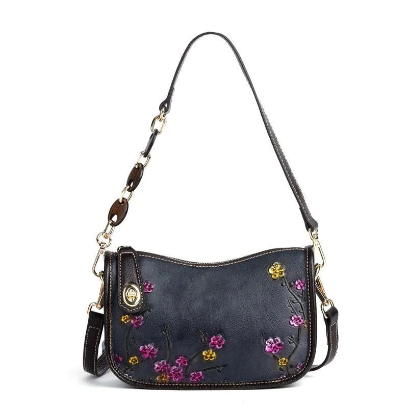 BOLAIER Leather Saddle Clutch Style Floral Embossed Shoulder Bag