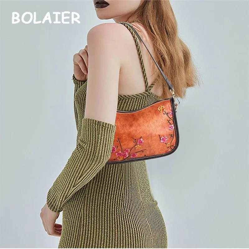 BOLAIER Leather Saddle Clutch Style Floral Embossed Shoulder Bag