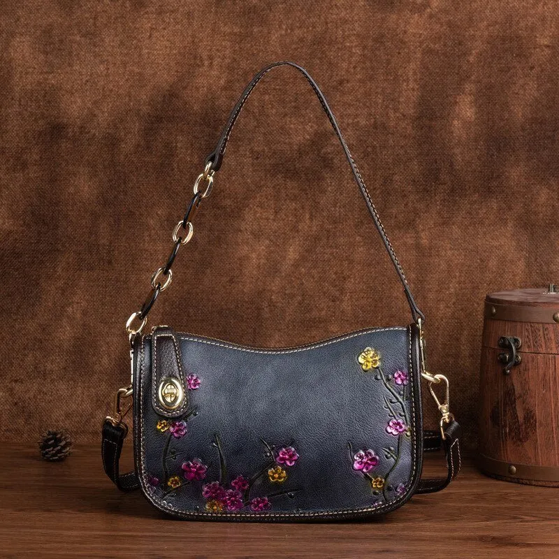 BOLAIER Leather Saddle Clutch Style Floral Embossed Shoulder Bag