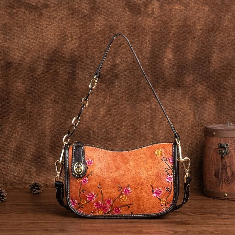 BOLAIER Leather Saddle Clutch Style Floral Embossed Shoulder Bag