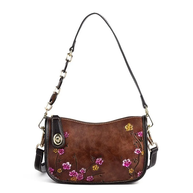 BOLAIER Leather Saddle Clutch Style Floral Embossed Shoulder Bag