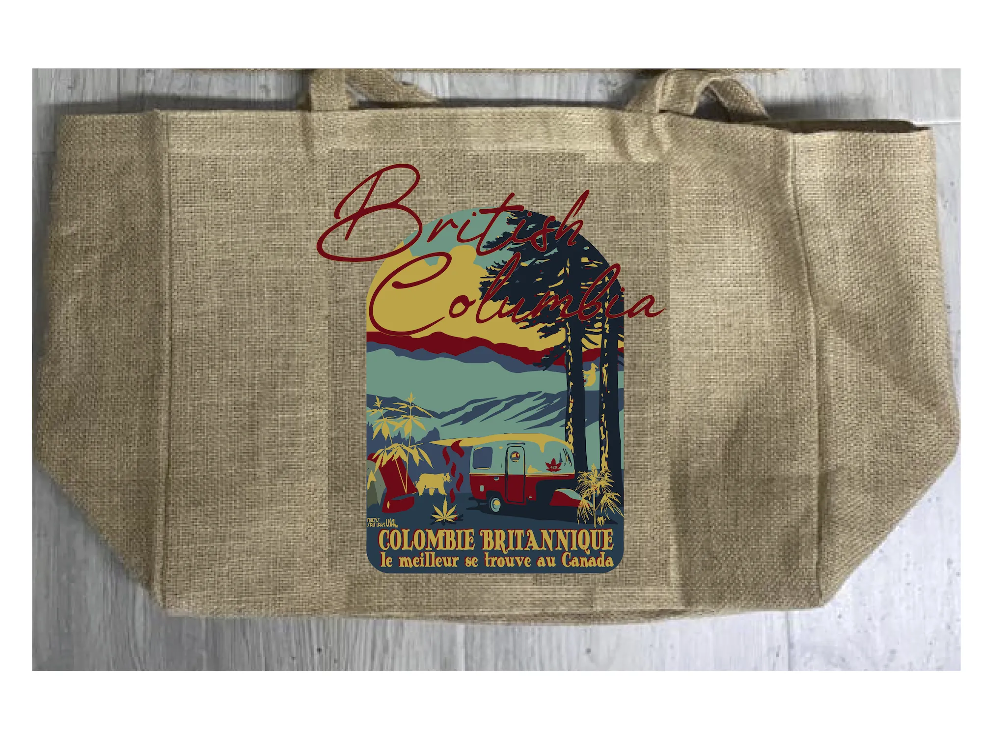 BRITISH COLUMBIA  MARIJUANA BURLAP TOTE BAG ( sold by the piece )