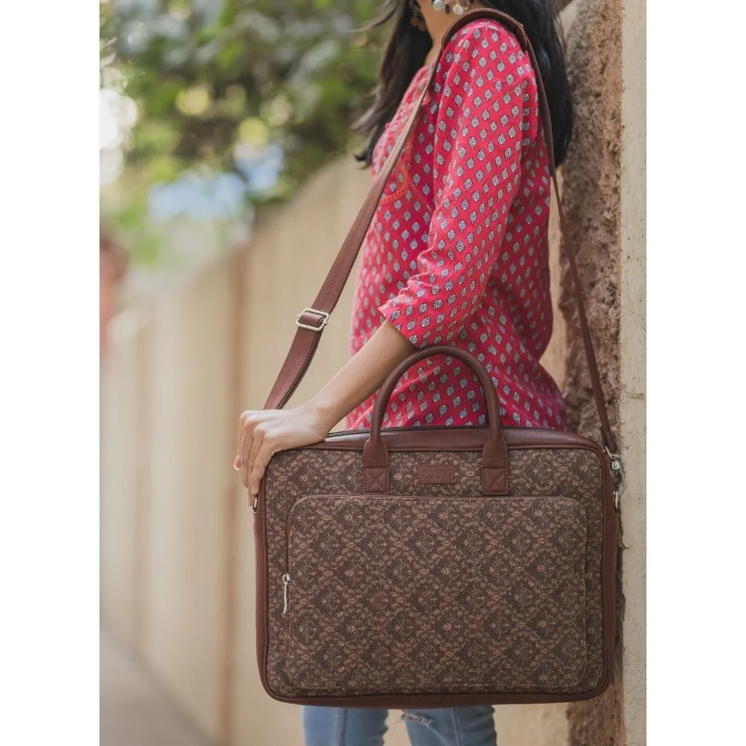 Brown Floral Motif Laptop Bag