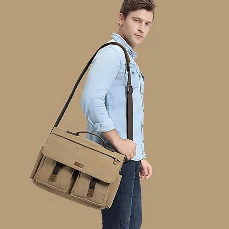 Canvas Messenger Bag with Padded Laptop Compartment