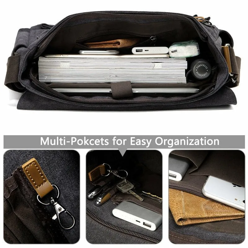 Canvas Messenger Bag with Padded Laptop Compartment