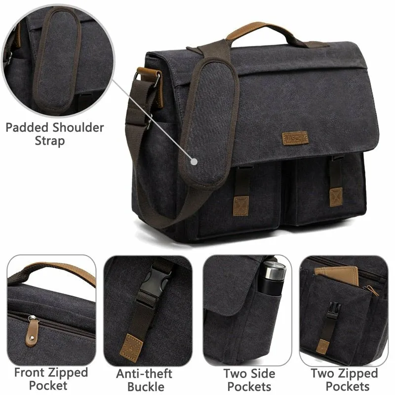 Canvas Messenger Bag with Padded Laptop Compartment