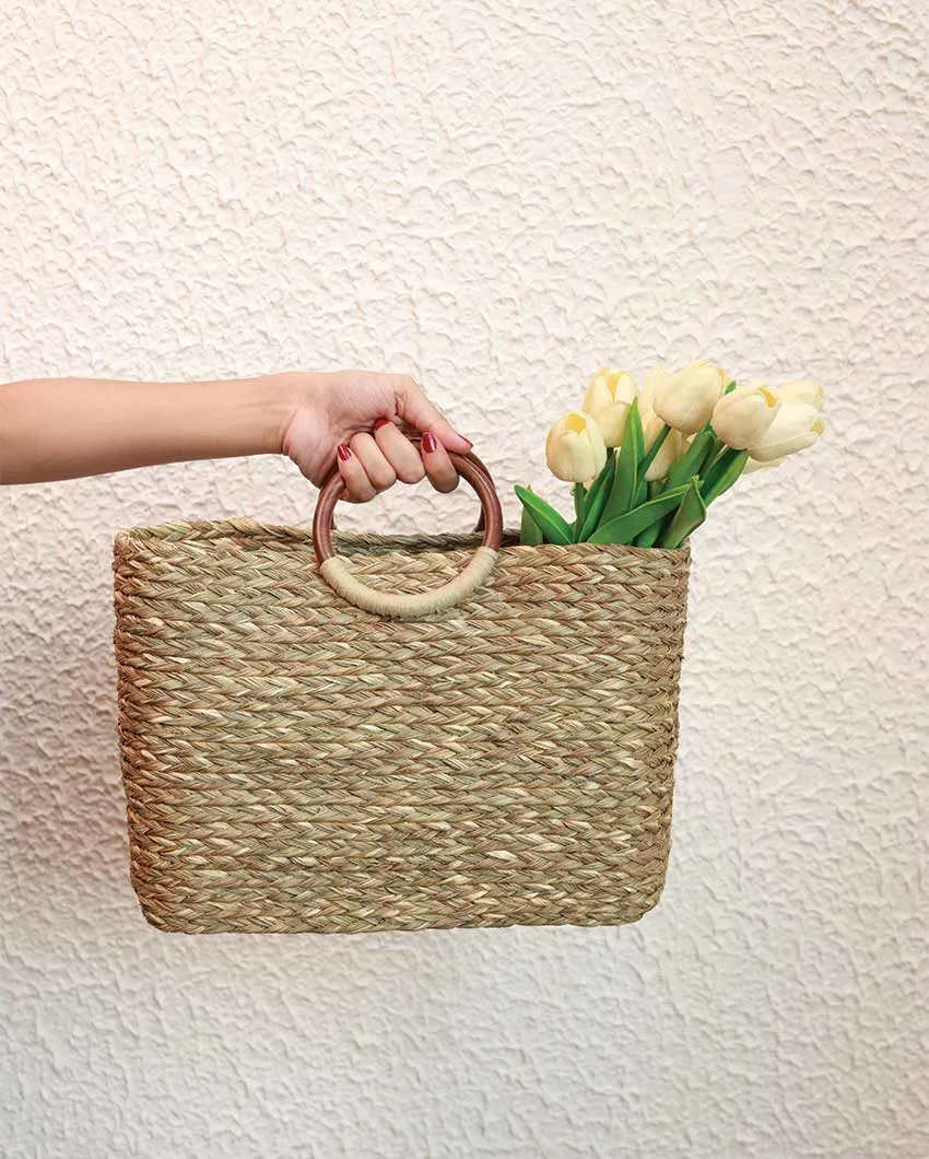 Charming Sabai Grass Hand Bag With Wooden Handle