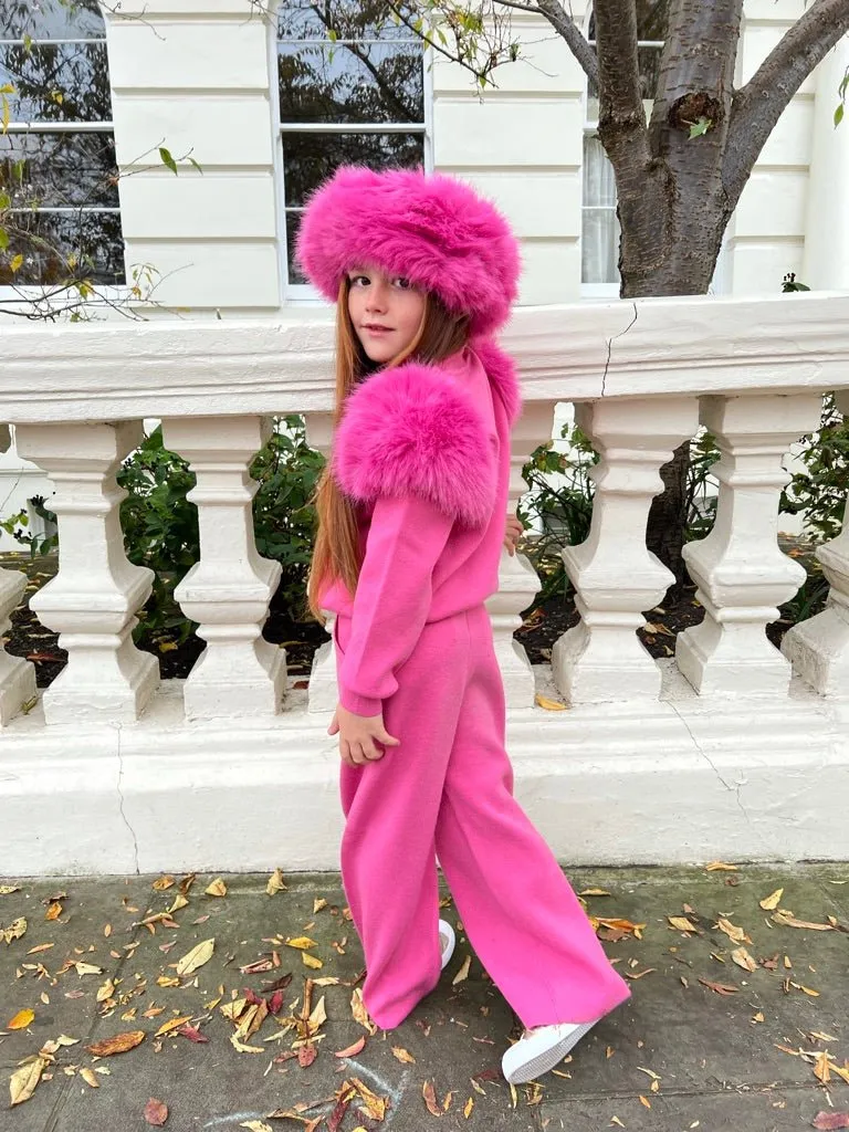 Childrens Hot Pink Premium Faux Fur Roll Neck Wide Leg Tracksuit